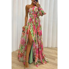 Ingvn  Autumn Women's Casual Long Sleeved Waist Tied  Off Shoulder Dress with Slanted Collar and Holiday Party Fashion Print Slit Dress