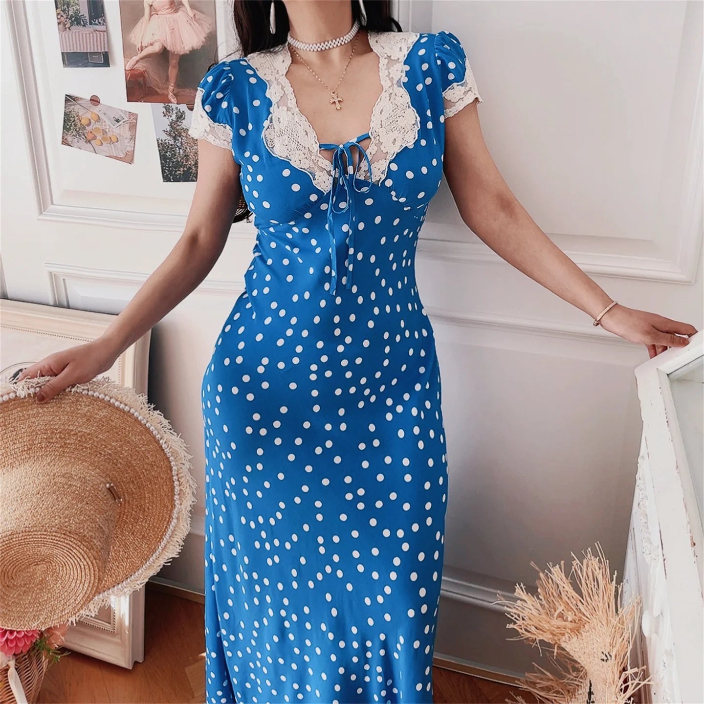 Ingvn  Blue Polka Dot Lace Bubble Sleeve Long Dress Chenopod Spring Summer Vintage Style Holiday Dress Women's H Version Polyester