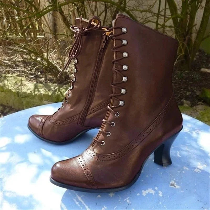 Ingvn  New Lace Up Ladies High Heel Shoes Strange Steampunk Boot Victorian Ankle Boots Women Pointed Toe Thick Soled Short Boots