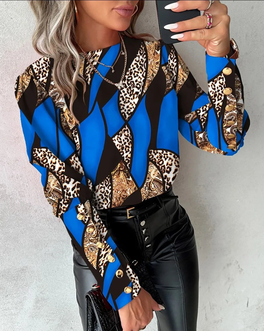 Ingvn  Autumn and winter fashionable printed long sleeved love style round neck button up blouse shirt for women