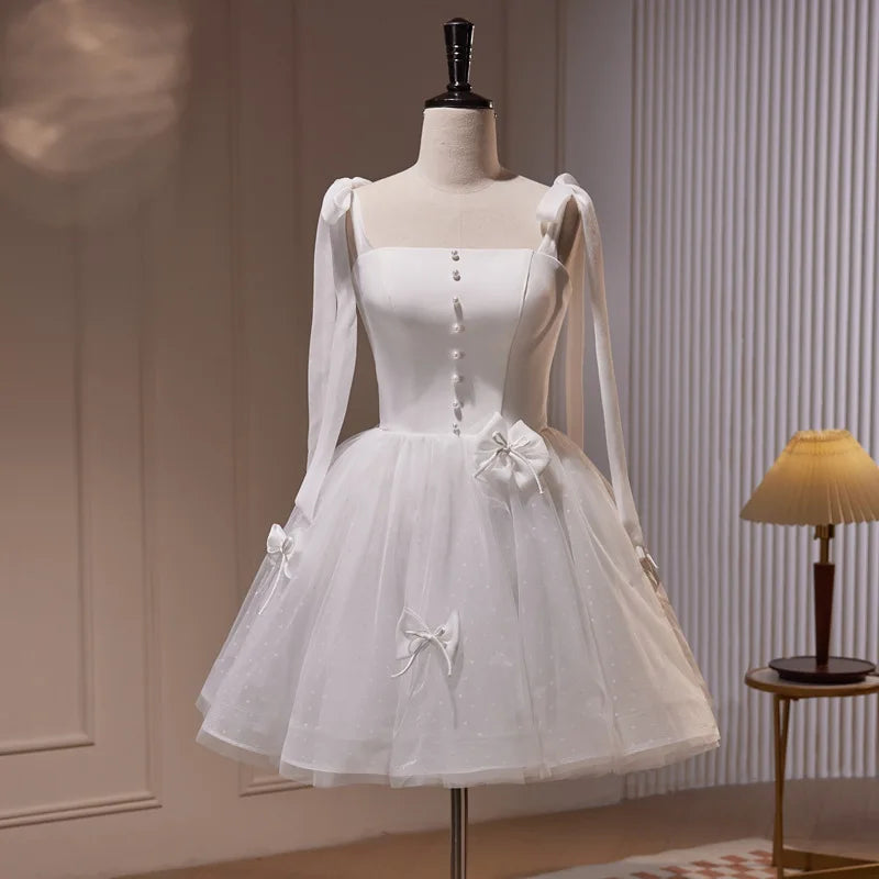 Ingvn  Temperament Socialite Birthday Party Dresses Sleeveless Lace-Up Straps 3D Bow High Waist Mesh Fluffy White Wedding Dress Women