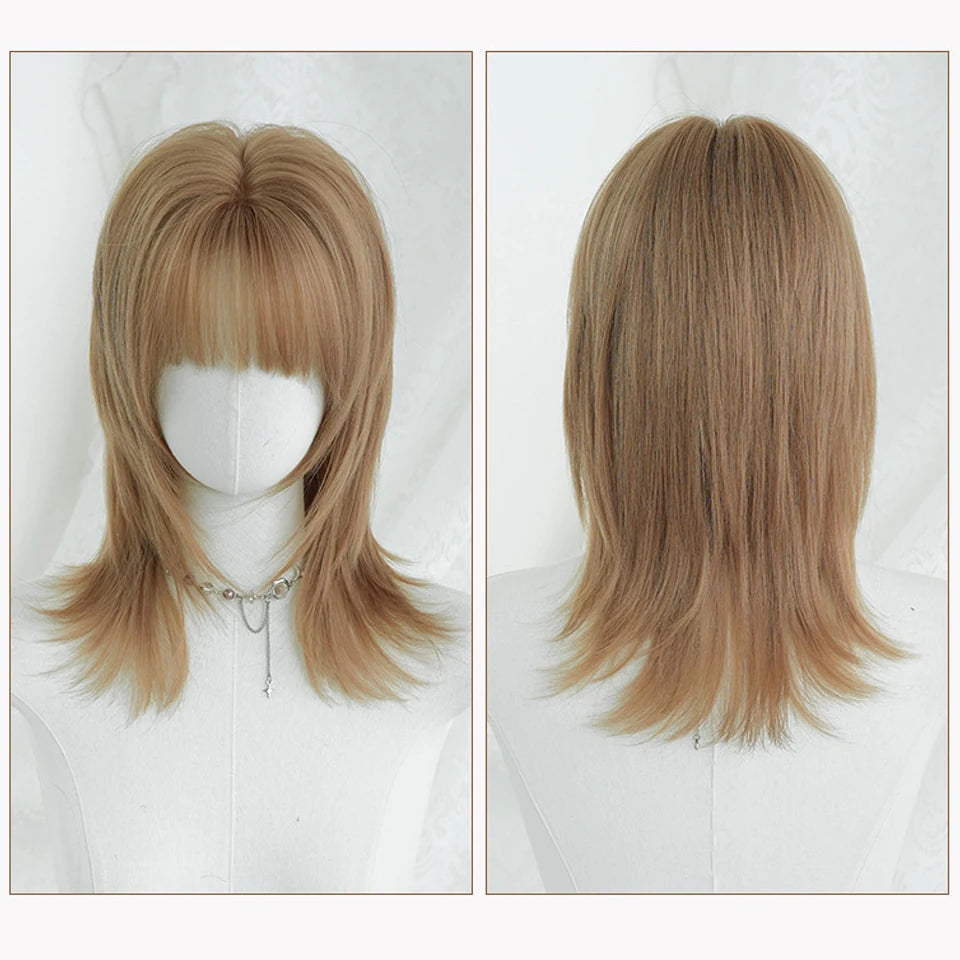 Ingvn  ﻿﻿Short Golden Brown Wig Synthetic Shoulder-Length Layered Straight Hair Lolita Wigs for Women Daily Party Cosplay Halloween Wig