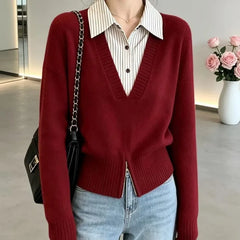 Ingvn - Women's Autumn/Winter Fashion New Type Artificial Two Piece Set Collar Knitted Sweater Warm Stripe Zipper Hoodie