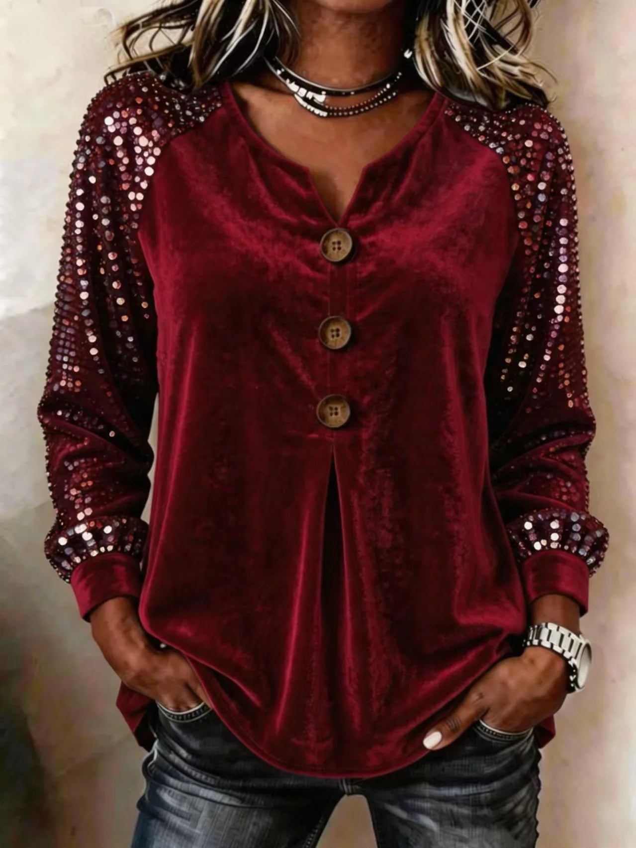 Ingvn  Spring Autumn Women's New Fashion Sequin Patchwork Long Sleeved Shirt Sexy V-neck Casual Pullover Shirt For Women