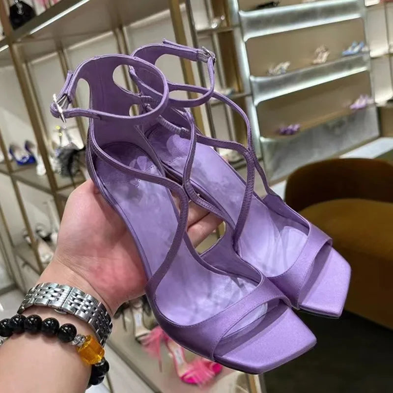 Ingvn  Star Style Purple Satin Women Sandals Sexy Narrow Band Ankle Strap Stiletto High Heels Gladiator Sandalias Summer Banquet Shoes