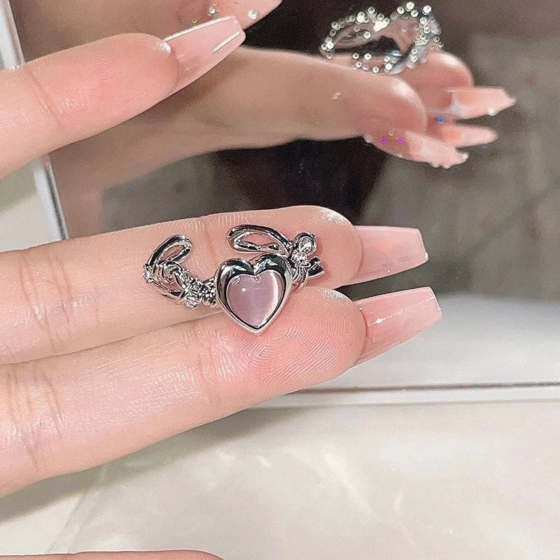 Fashion Heart Ring Pink Rhinestone Peach Heart Adjustable for Women Rings Wedding Party Aesthetic Jewelry Y2K Trend Accessories