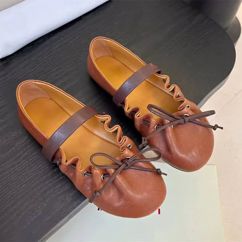 Ingvn  Ins style Fashion Pleated Bowknot Ruffle Women Ballet Flats Spring Summer Soft Leather Mary Janes Walking Loafers Casual Shoes