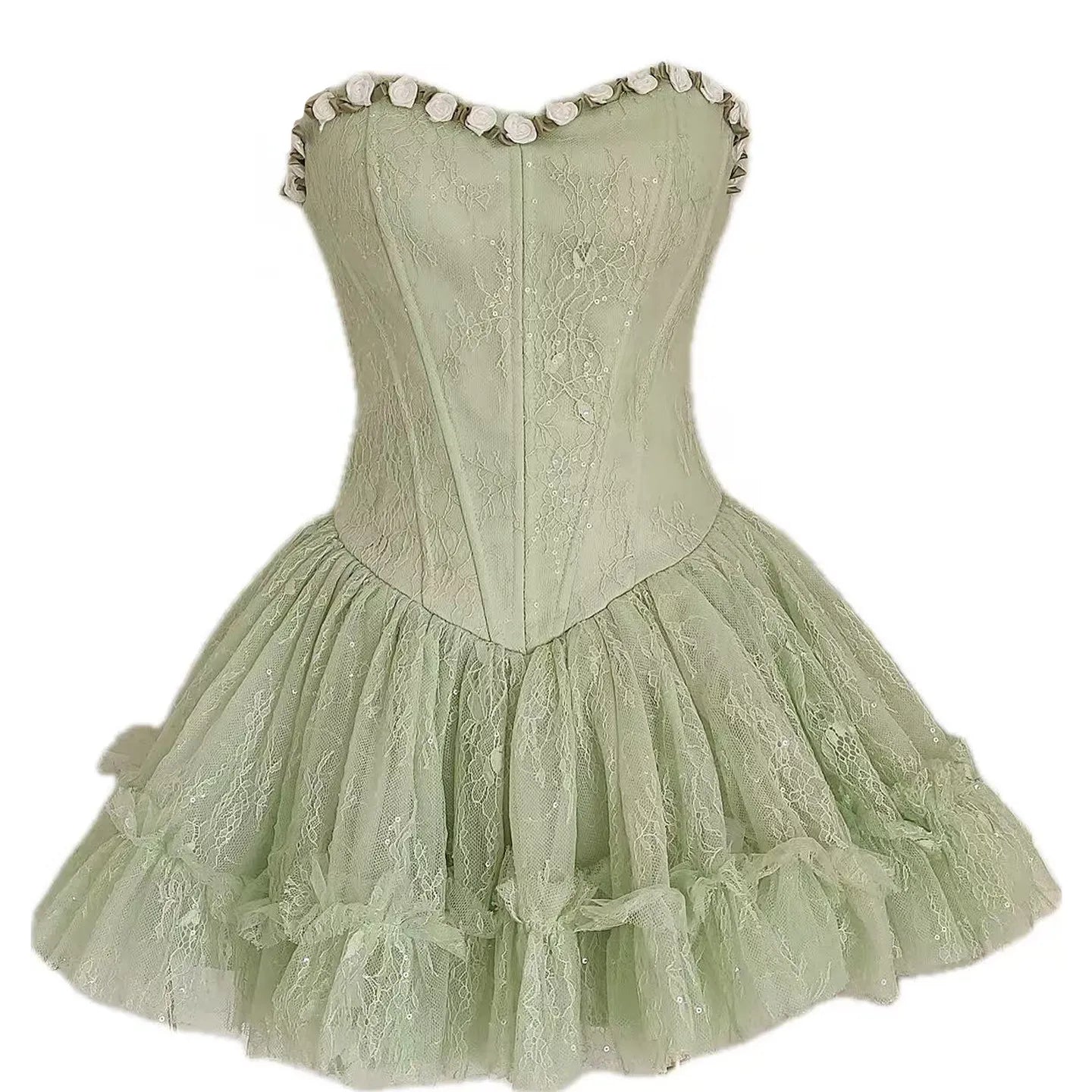 Ingvn  French Sexy Ballet Style Elegant 3D Floral Patchwork Fishbone Slim High Waist Puff Dresses for Women Spring Birthday Party Dress