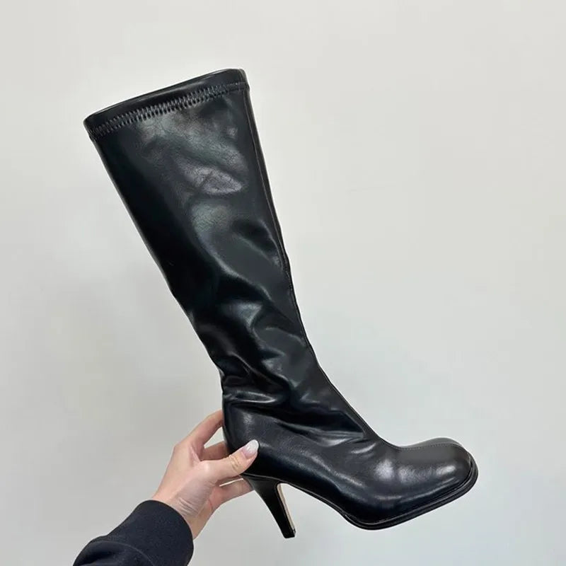 Ingvn - Ins Style Fashion Square Toe Stretch Leather Platform Women Knee-High Boots Autumn Winter High Heels Punk Motorcycle Boots Shoes