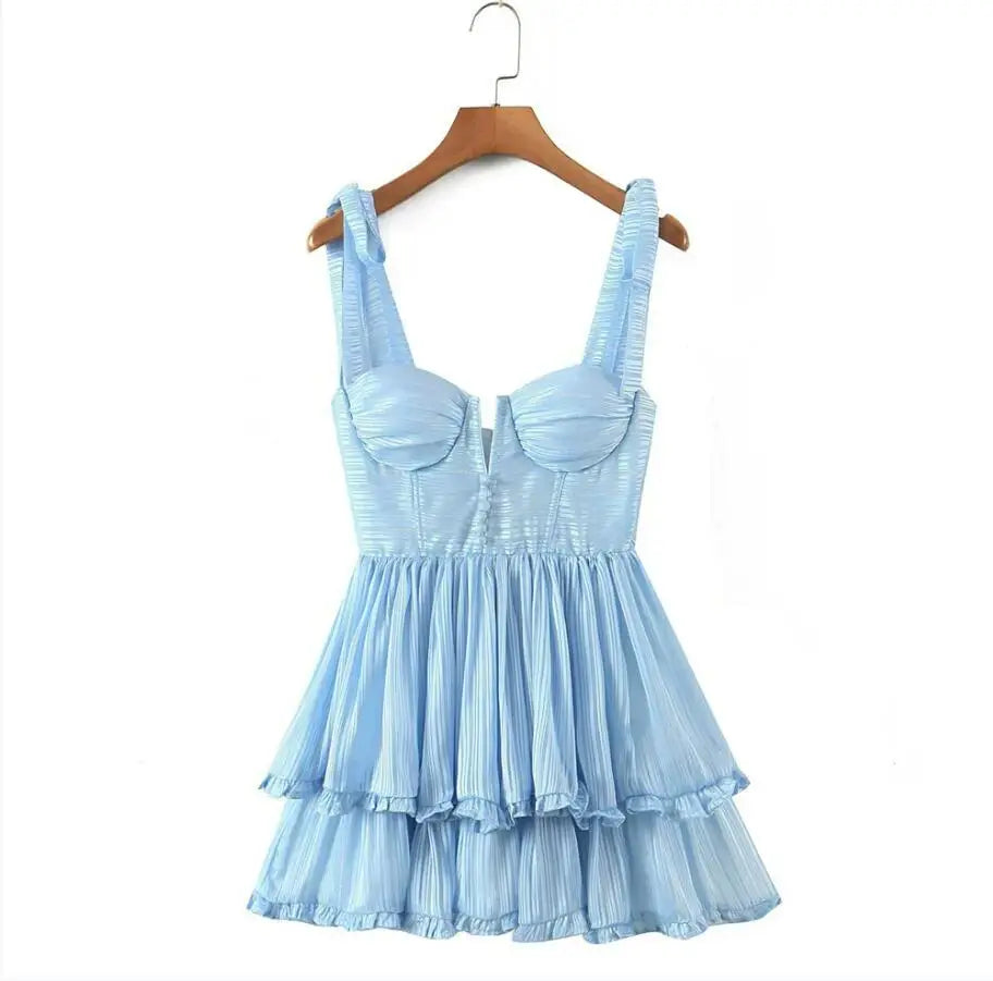Ingvn  Sweet Pink Flower Print V Collar Sling Dress Women Corset Style Low Waist Folds Hem Ball Gown Swing Short Dresses Mini Tank Robe