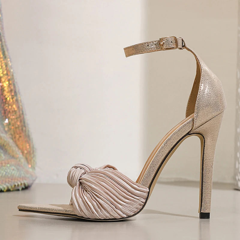 Ingvn  New Design Knot Pleated Silk Women Sexy 11.5CM Stiletto Sandals Elegant Pointed Open Toe Pink High Heels Wedding Prom Shoe