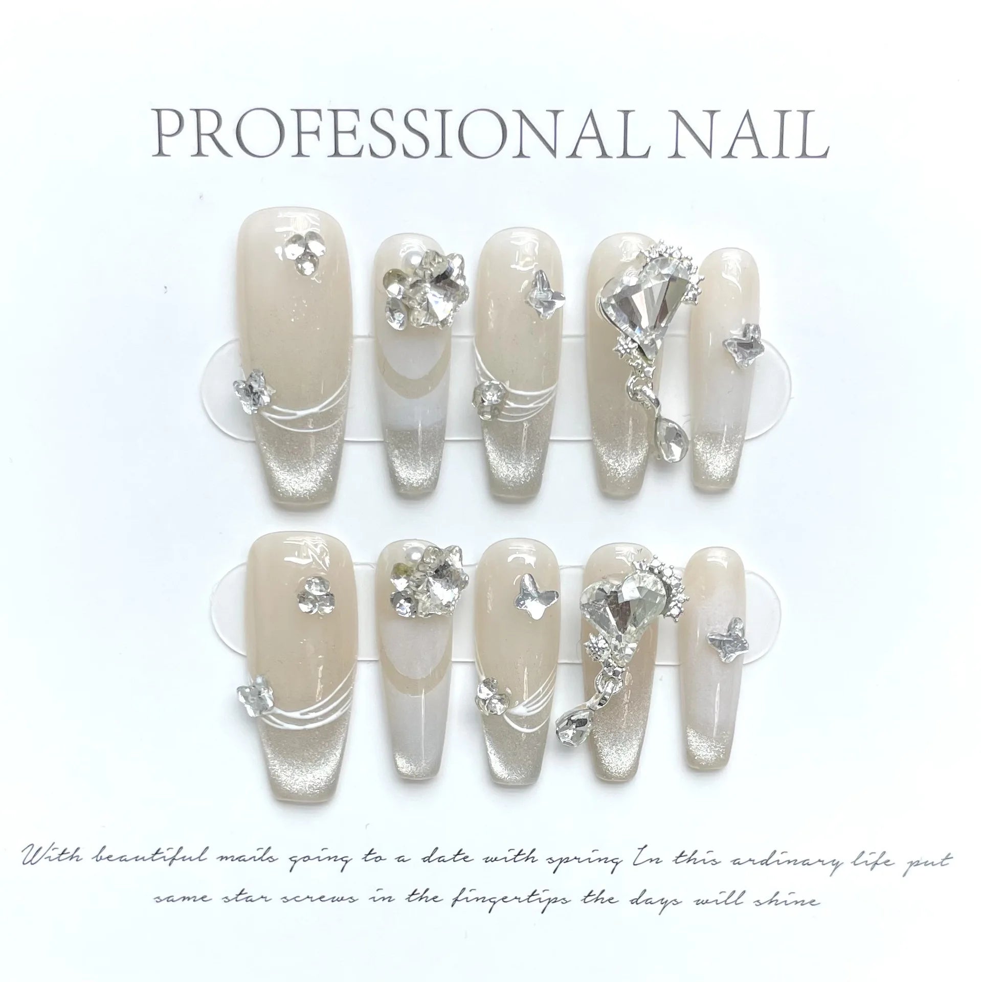 Ingvn  10Pcs Handmade Press on Nails Long Ballet Blue Fake Nails with 3D Ocean Moon Rhinestone Design False Nails Full Cover Nail Tips