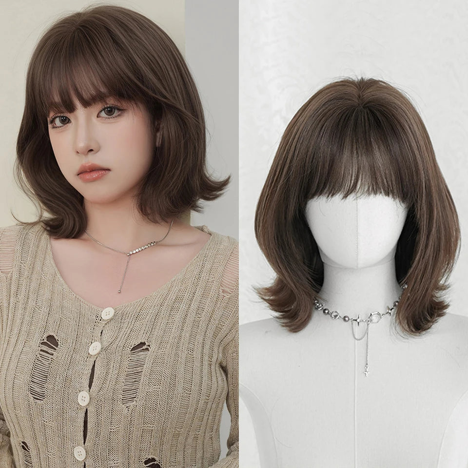 Ingvn  ﻿ Short Brown Straight Synthetic Wig with Bangs Curly Hair Pink Green Lolita Wigs for Women Daily Party Cosplay Christmas Wig