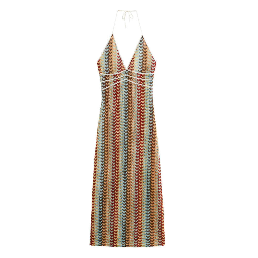 Ingvn  Sexy Colored Geometric Striped Knitted Tie Bow Halter Sling Dress Summer Woman Backless Slim Waist Long Dresses Robe Holiday