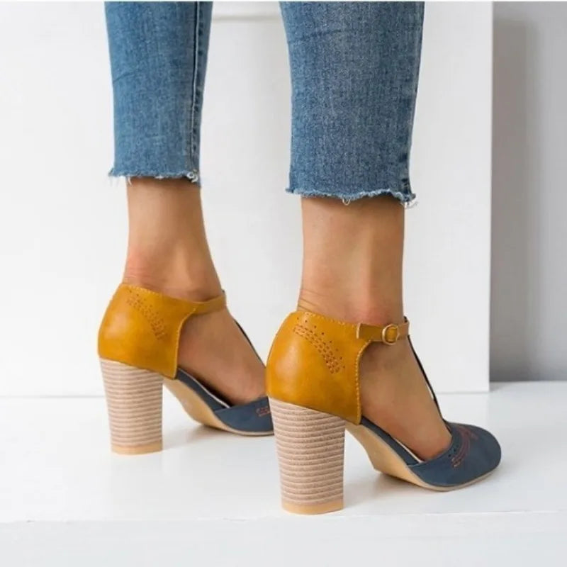 Ingvn  Ladies' Sandals Heel High Shoes Pumps Square Ladies Platform Round Toe T-tied Square Heel Wedding Dress Shoes Casual Rome Pumps