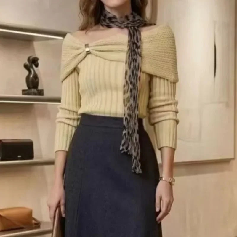 Ingvn - New Fashion Sexy Off Shoulder Jumper Knitted Pullovers Sweater with Scarf Autumn Winter Long Sleeve Women Sweaters Slim Chi Tops