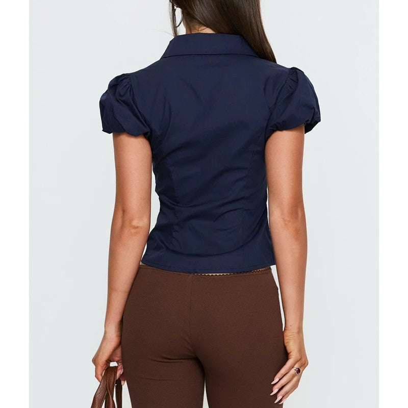 Ingvn  Women's Collared Puff Short Sleeve V‑Neck Shirts Button-down Front Ruched Slim Fit Y2K Casual Lapel Cropped Blouses