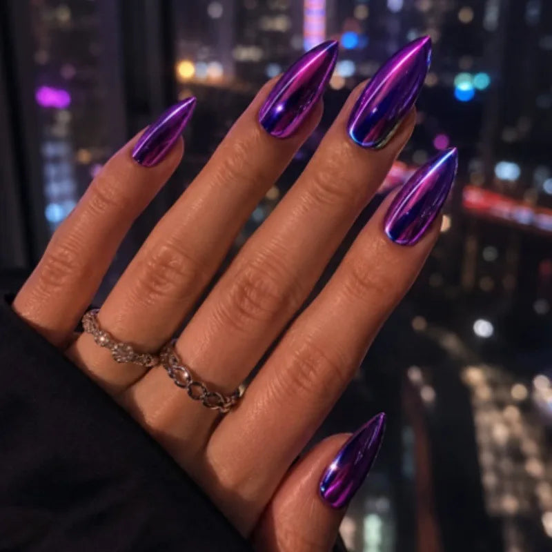 Ingvn  24Pcs Simple Solid Color White Press on Nails Long Style Almond False Silver Nails Fashion Cat's Eye Design Stiletto Nail Tips