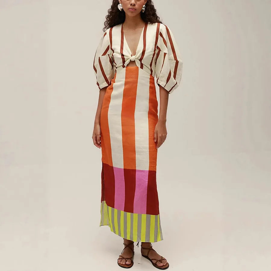 Ingvn  Women Fashion Linen Material  Fashion Chic Print Long Party Dresses Sexy V-neck Hollow Out High Waist Party Dress Lady Robes