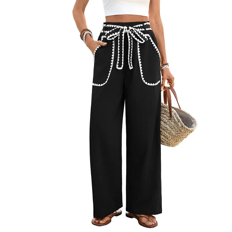 Ingvn  Summer Spring Women's Clothing High Waist Wide Leg Casual Pants With Drawstring Loose Fit Tapered Polyester Long Trousers