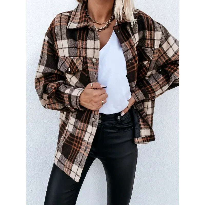 Ingvn  Women‘s Trendy Retro Plaid Shacket Oversized Flannel Shirt Jacket Ladies Pocket Long Sleeve Open Front Casual Checkered Top Fall