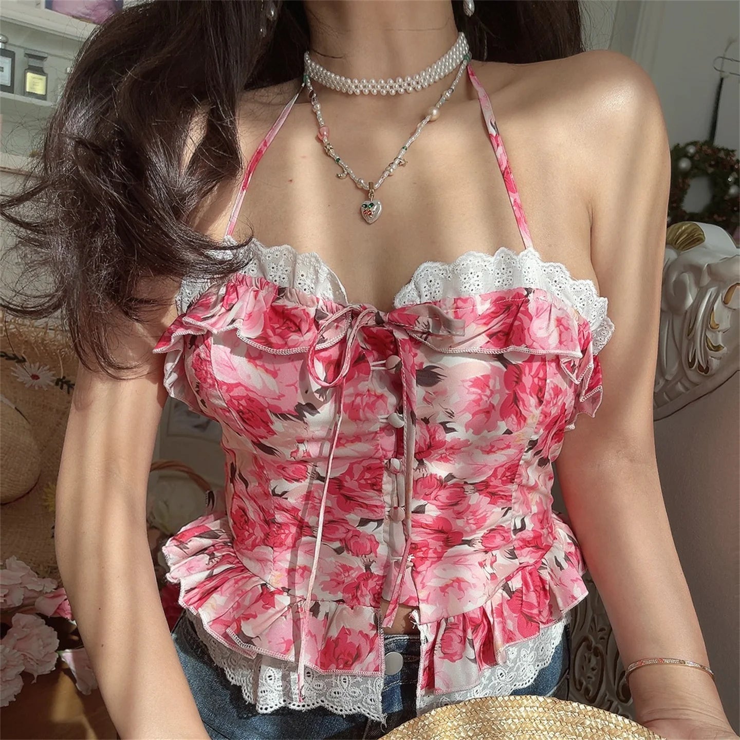 Ingvn  French Style Floral Lace Crop Top Women's Slim Fit Shirt Polyester Fiber Short Length Button Closure Neck Hanging Belted