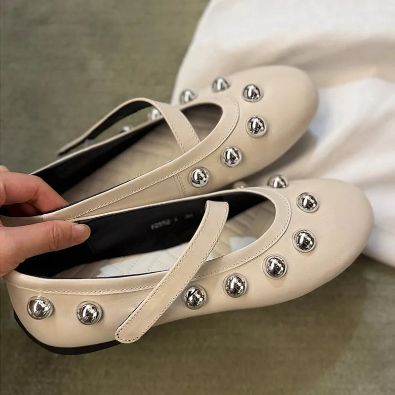 Ingvn - Fashion Rivet Sequined Mary Janes Women Ballet Flats Spring Autumn Comfortable Soft Soles Leather Walking Loafers Casual Shoes