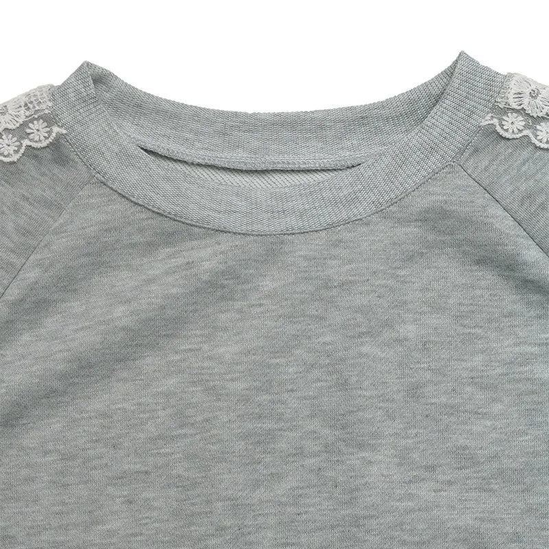 Ingvn - Womens Crew Neck Sweatshirt Lace Splicing Bow Long Sleeve Casual Autumn Winter Basic Top
