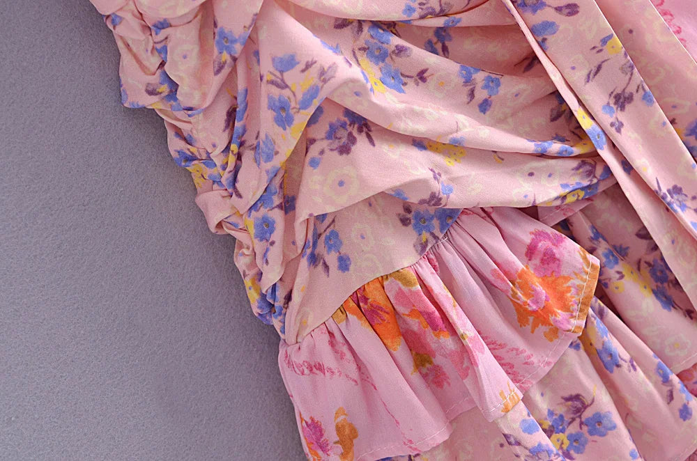 Ingvn  Holiday Contrast Color Floral Print Lantern Sleeve Mini Dress Bow Sashes Ruched Pleated Waist Ruffles Hem Women Dresses Robe