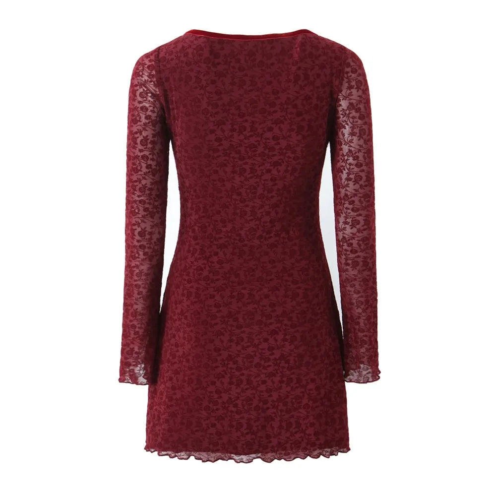Ingvn  Sexy Wine red Flocking Flower Mesh Flare Sleeve Dress Woman Bow Square neck Package Hips A-line Mini Party Robe Bodycon