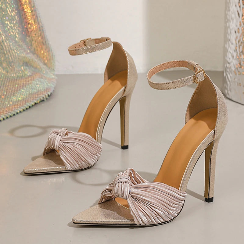Ingvn  New Design Knot Pleated Silk Women Sexy 11.5CM Stiletto Sandals Elegant Pointed Open Toe Pink High Heels Wedding Prom Shoe