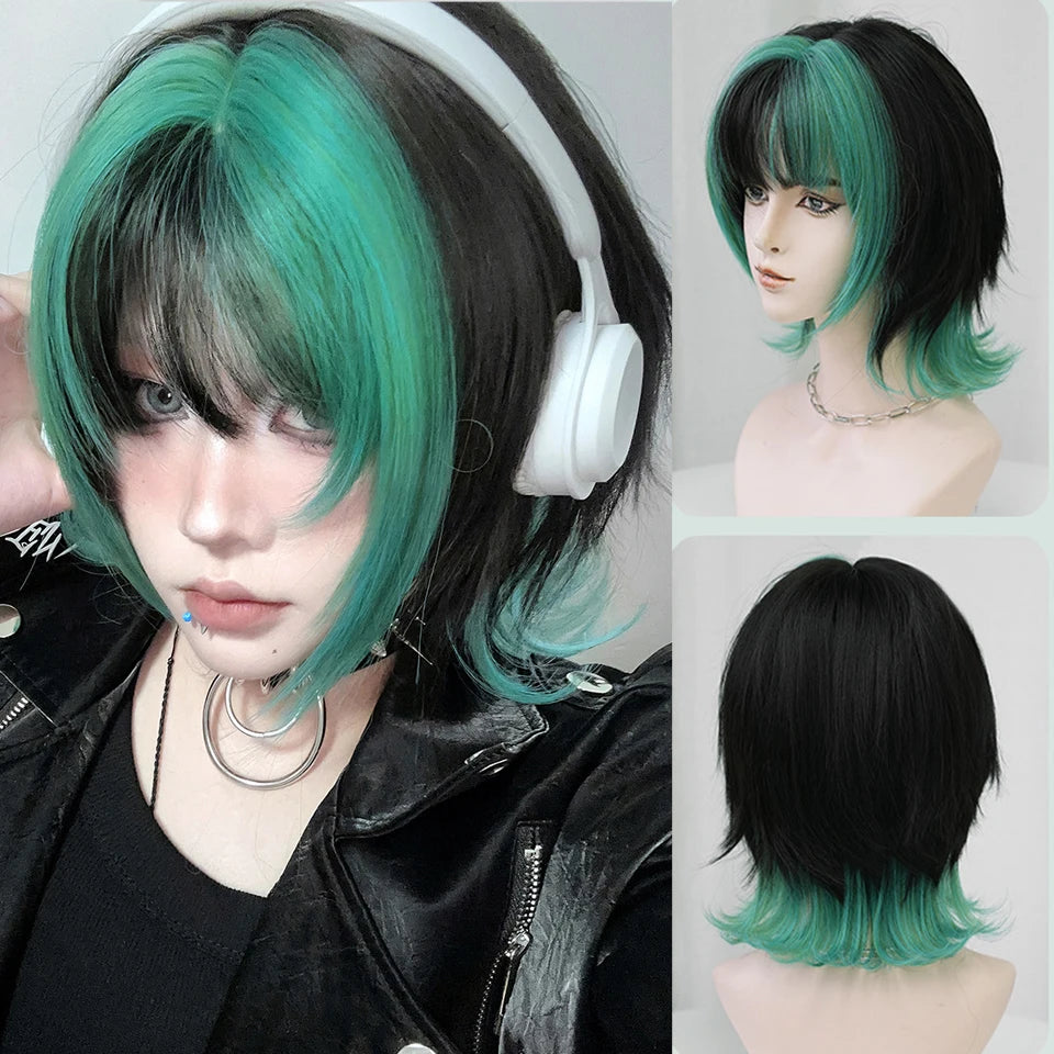 Ingvn  ﻿ Short Brown Straight Synthetic Wig with Bangs Curly Hair Pink Green Lolita Wigs for Women Daily Party Cosplay Christmas Wig