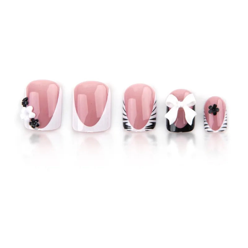 Ingvn  24pcs Short Square Acrylic Press on Nails with Design Zebra French Tip Duck Set of False Nails with Tools Realistic Wear Nail