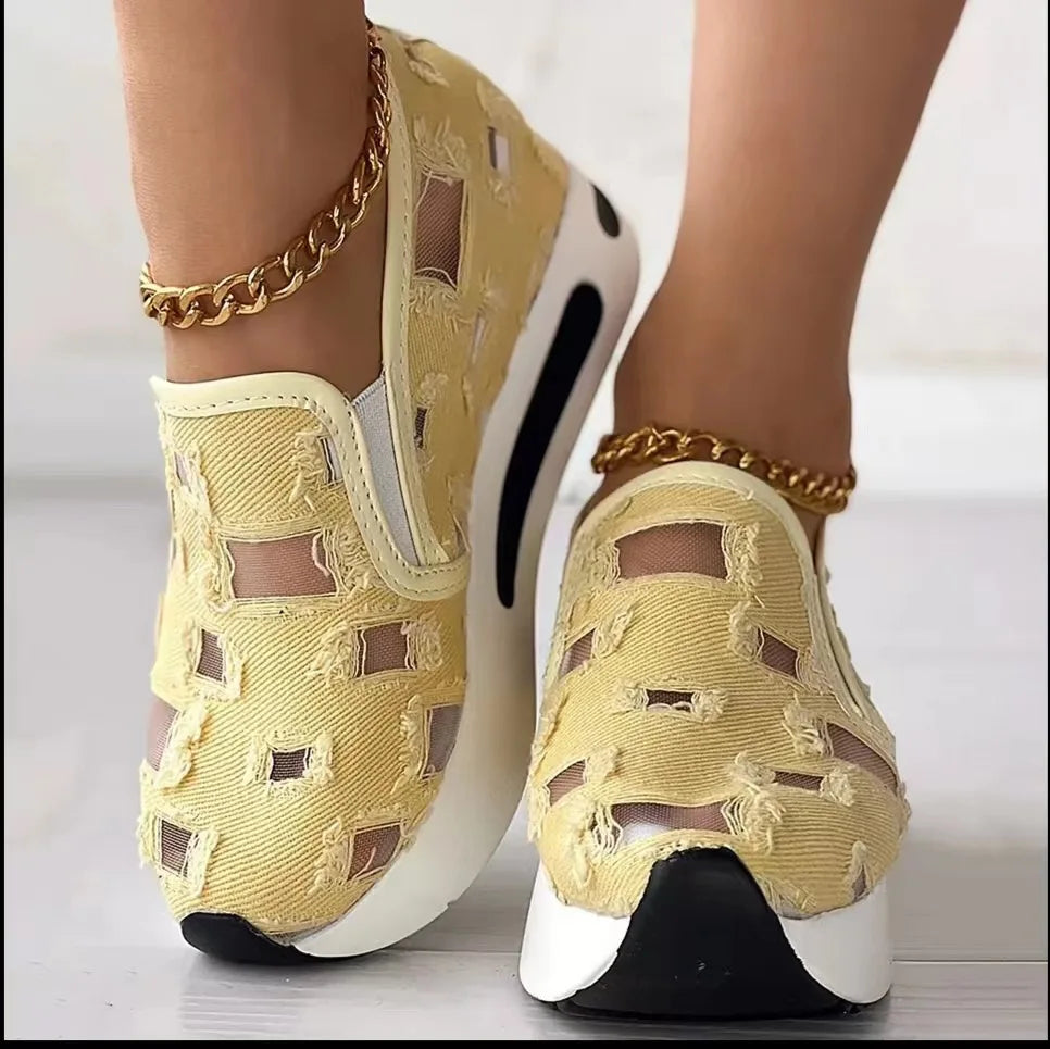 Ingvn  Women's Vulcanize Shoes Sneakers Women Slip on Casual Comfy Heeled Shoes Hole-patterned Canvas Mesh Sports Inside-heeled Sandals