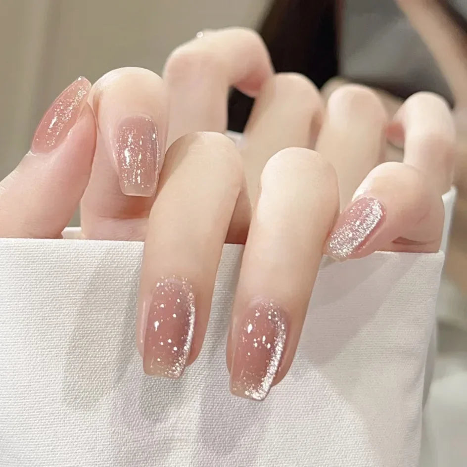 Ingvn  24Pcs Pink Ballet Fake Nails Full Cover Nail Tips Long Ballet False Nails with Rhinestone Chain Design Wearable Press on Nails