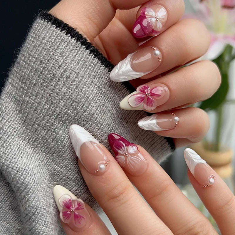 Ingvn  24Pcs 3D Shell Pattern Press on False Nails with Green Camellia Design Short Round Head Wearable Almond French Fake Nail Set