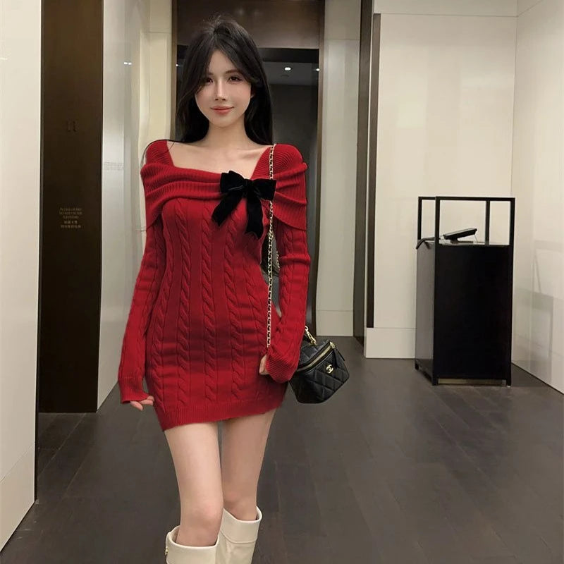 Ingvn - Women's Autumn Winter Solid Knit Dress Bodycon Sweater Coquette Versatile Mini Chic Trendy Warm Elegant Vintage