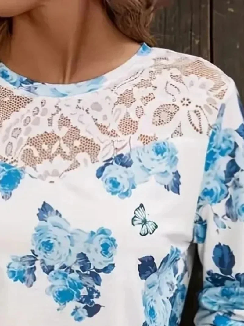 Ingvn  Women's Plus Size Casual T-shir ContrastLace Long Sleeve Round Neck Colorblock Floral Print Slight Stretch Top