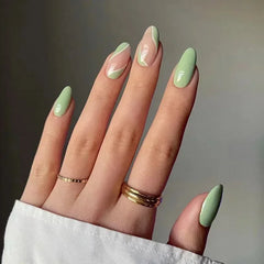 Ingvn  24Pcs Simple Green French False Nails Short Almond Fake Nails with Wave Line Design Wearable Round Head Press on Nail Tips