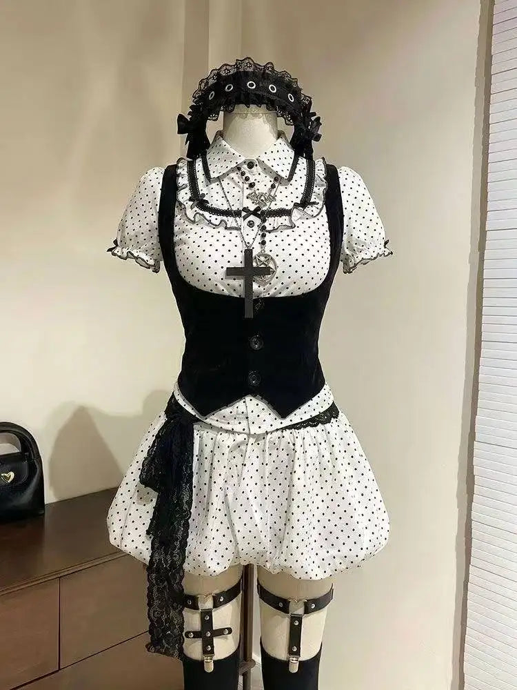 Ingvn  Subculture Kawaii Sweet Suit Hot Girls Polka Dot Top Black Belt Casual Bud Mini Skirt Sweet Cool Set Woman