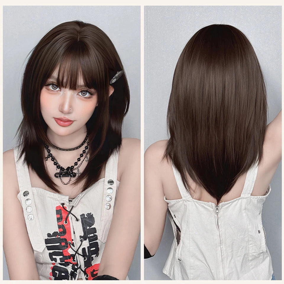 Ingvn  ﻿﻿Short Golden Brown Wig Synthetic Shoulder-Length Layered Straight Hair Lolita Wigs for Women Daily Party Cosplay Halloween Wig