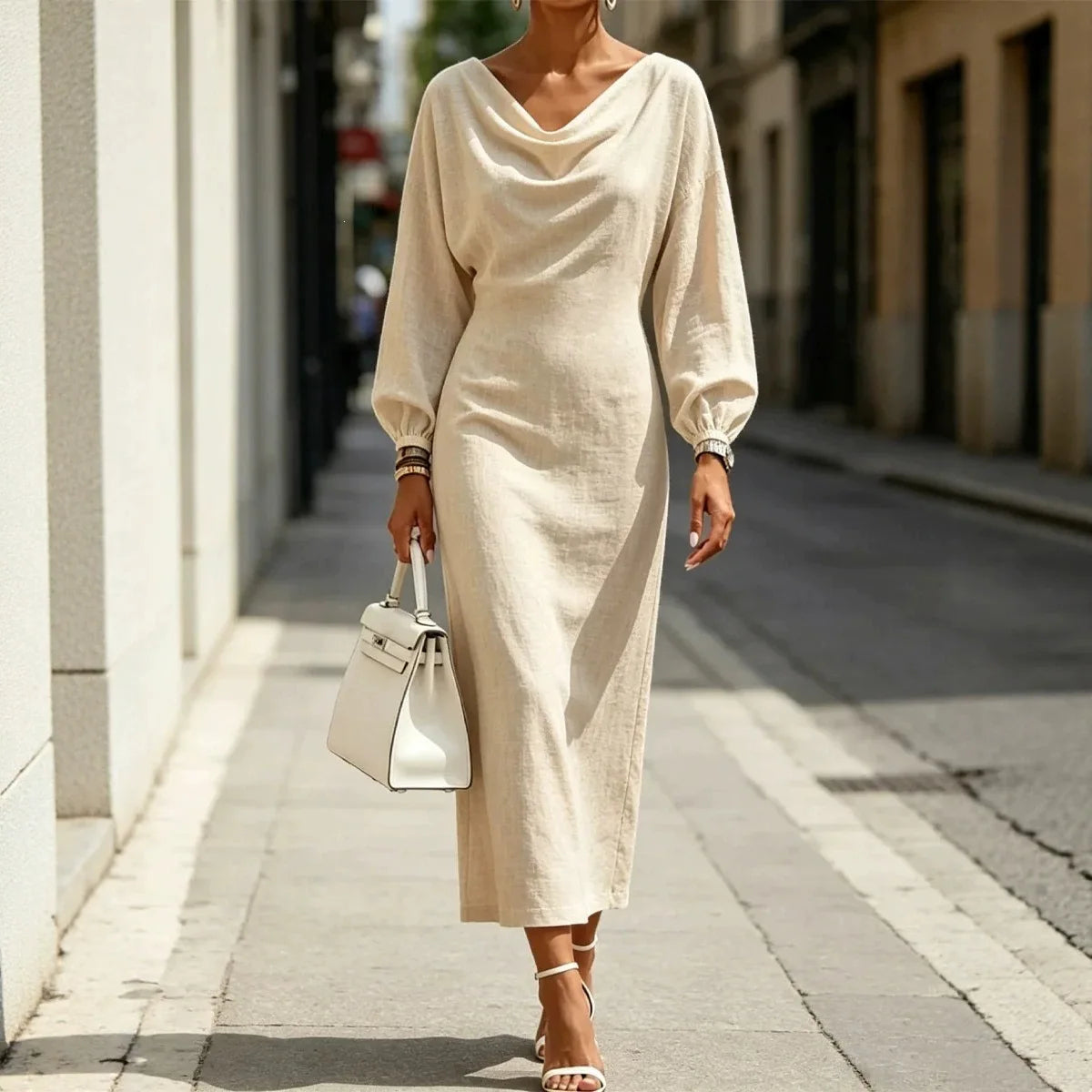 Ingvn - Street Fashion Women's Slim Fit Dress Long Sleeve Daily Wear Summer Dress Gentle Style High Waist Batwing Sleeve