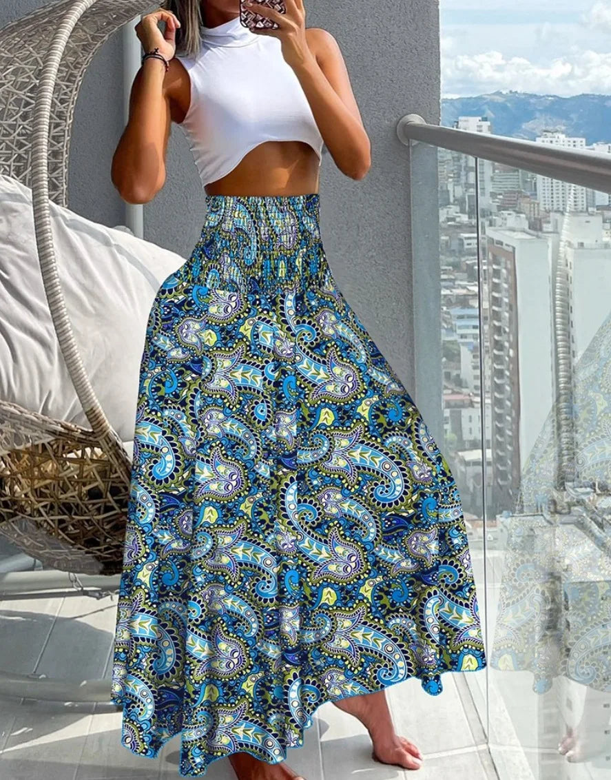 Ingvn  Fashion Cotton Women Floral Print Skirt Side Tie Beach Skirts Summer High Waist Wrap Flower Long Skirt