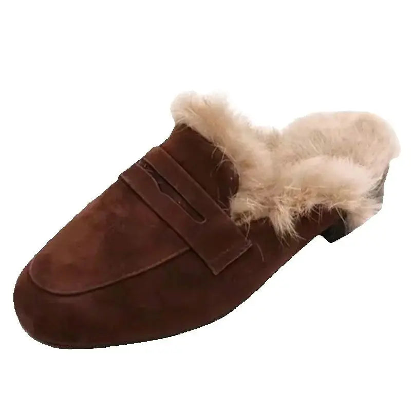 Ingvn  Slip on Simple Shoes Outwear Woman Warm Shoes Mules Natural Suede Flat Shoes for Women SlippersMules Women's Fur Flats Slippers