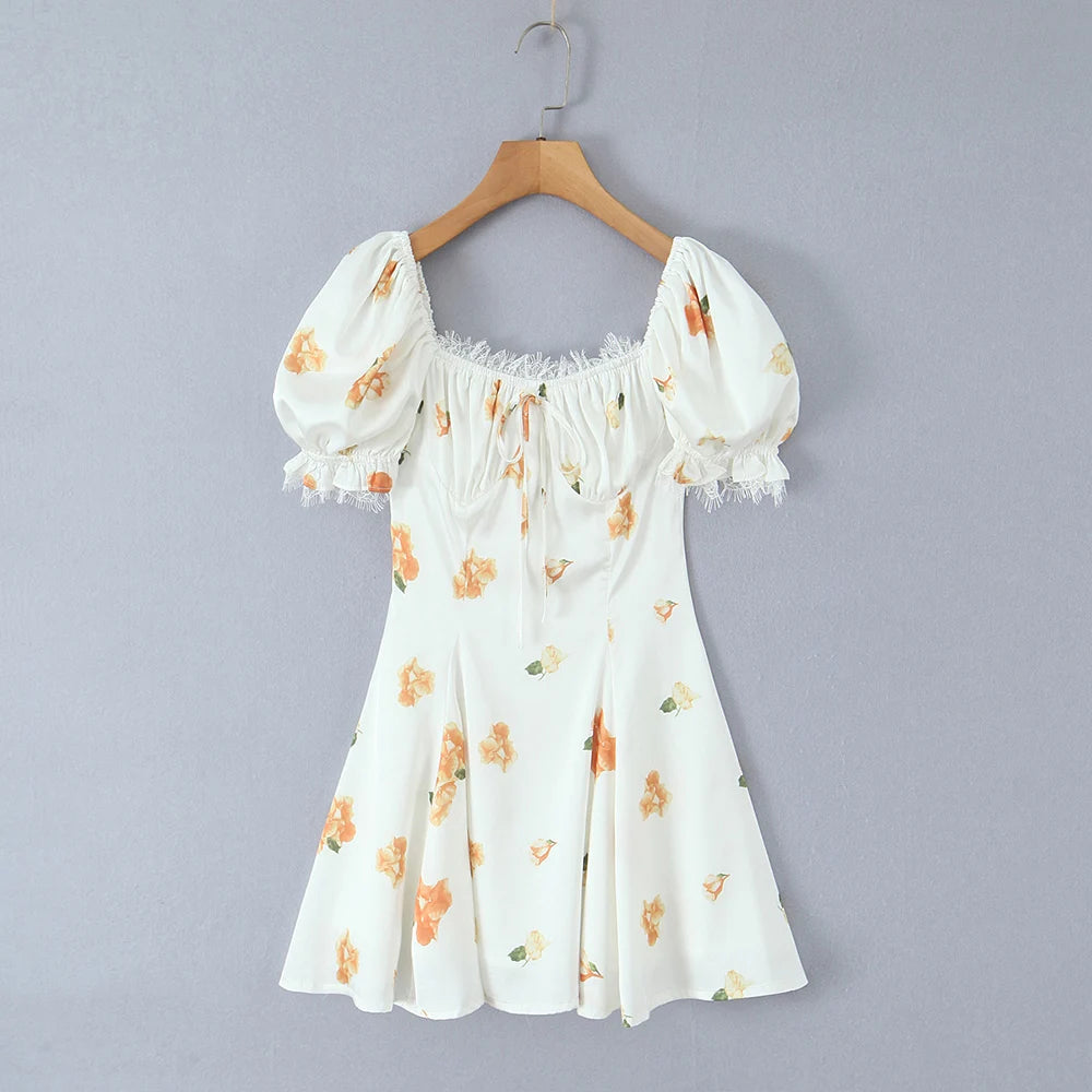 Ingvn  Hit Color Printing Slimming Mini Dresses for Women Square Neck Short Leeve High Waist Temperament Dress Female