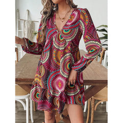 Ingvn  Women's Bohemian Geometric Print V-Neck Long Sleeve Ruffle Hem Mini Dress