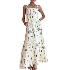 Ingvn  Spring Women's Clothing Sleeveless Tie Waist Printed Maxi Dress For Woman Polyester High Waist Square Neck Bodycon Elegant Wear