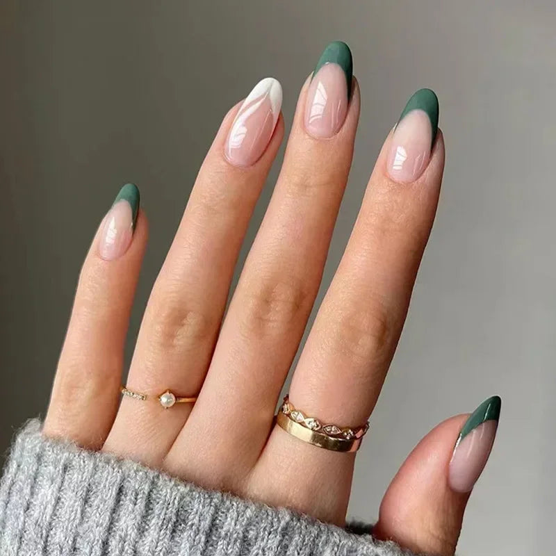 Ingvn  24Pcs Simple Green French False Nails Short Almond Fake Nails with Wave Line Design Wearable Round Head Press on Nail Tips