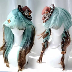 Ingvn - Long Straight Blue Ombre Brown Wig with Bangs Synthetic Natural Layered Lolita Wig Halloween Cosplay Costume Wig for Women