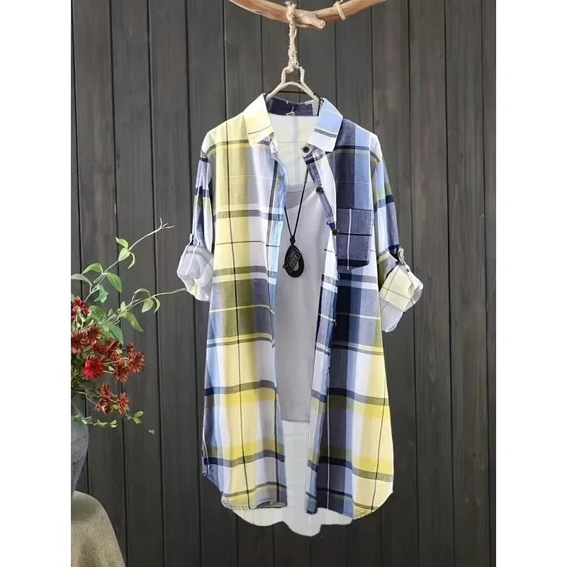 Ingvn  Plus Size 1XL-5XL Women‘s Mid Length Plaid Print Women Autumn Shirts Casual Female Fashion Long Sleeve Single-breasted Blouses ﻿